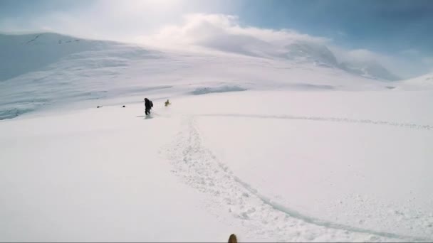 Лыжник спускается с горы с друзьями — стоковое видео