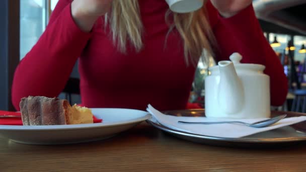 Eine Frau in einem Café trinkt Tee — Stockvideo