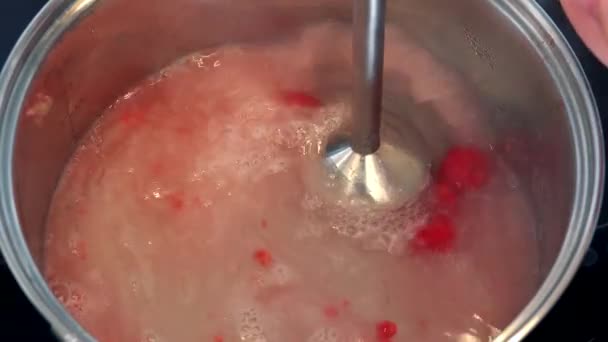 En kvinna liquidizes hallon med en mixer i vatten — Stockvideo