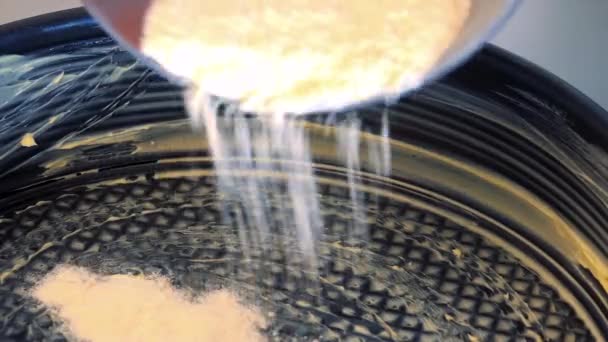 A woman pour a mixture of flour and cocoa powder into a butter-covered baking form — Stock Video