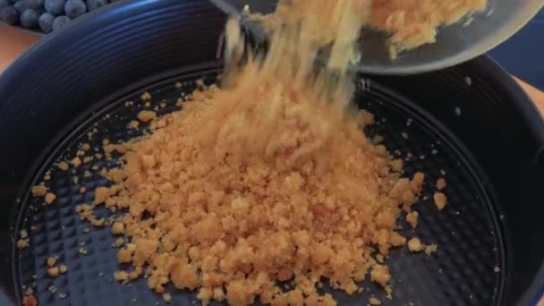 Las migas de galletas se vierten en una forma de hornear — Vídeo de stock