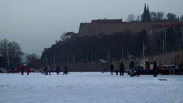 Adultos e crianças patinam no gelo e jogam hóquei — Vídeo de Stock