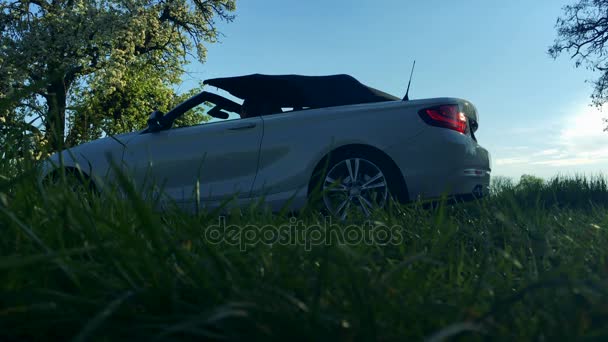 Střešní luxusní auto zaparkované na louce — Stock video