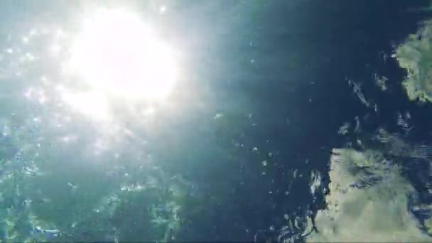 Superficie del agua y olas con sol en el cielo — Vídeo de stock