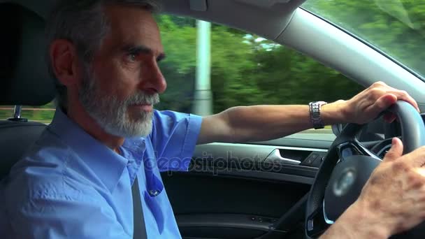 Senior Man Drives Car Summer Day Man Enjoys Driving Car — Stock Video