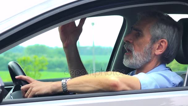 资深男士坐在车上 抱怨交通状况 背景中的侧面乡村特写镜头 — 图库视频影像