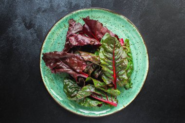 Salata pazısı (aperatif servis tabağı, kırmızı pazı) menü konsepti. Yemek geçmişi. Üst Manzara. Boşluğu kopyala