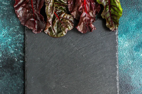 沙律叶 多汁小吃和维生素红色沙律 菜单概念 食品背景 顶视图 复制空间 — 图库照片