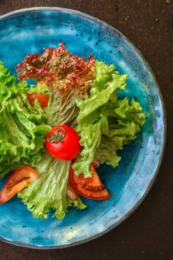 Sağlıklı salata, yapraklı salata (mikro yeşiller, salatalık, domates, acı biber, diğer malzemeler). Yemek geçmişi. Boşluğu kopyala