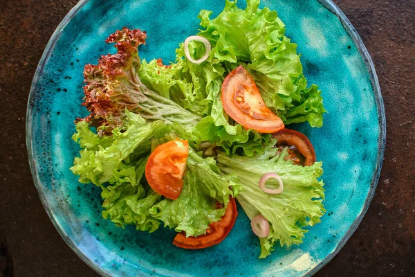 Salada Folhas Misturam Salada Micro Verdes Mistura Pepino Tomate Pimentão — Fotografia de Stock