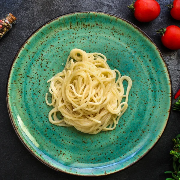 Macarrão Molho Creme Camarão Espaguete Frutos Mar Conceito Menu Fundo — Fotografia de Stock