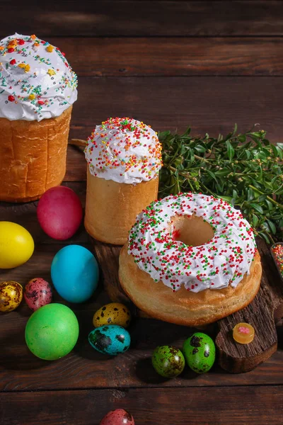 easter cake and easter eggs, traditional holiday design (happy easter) menu concept. food background. top view. copy space