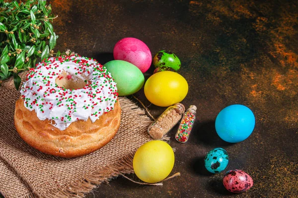easter cake and easter eggs, traditional holiday design (happy easter) menu concept. food background