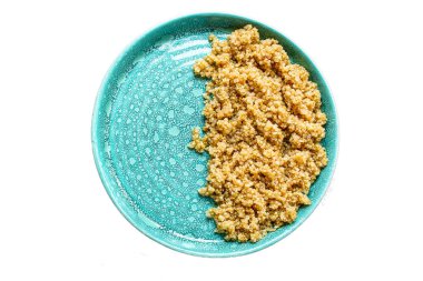 Pişmiş kinoa, haşlanmış tahıl lapası (sağlıklı diyet yeme) menü kavramı. Üst Manzara. metin için boşluk kopyala