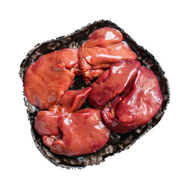 Çiğ tavuk ciğeri (sağlıklı beslenme) keto veya paleo diyet menüsü kavramı. Üst Manzara. metin için boşlukları kopyala