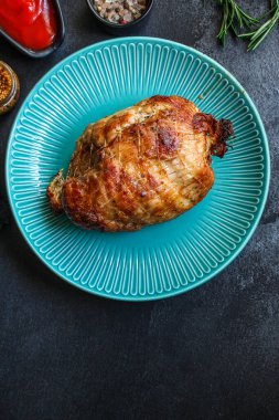 Kızarmış domuz eti ve kızarmış ağ (lezzetli ve sağlıklı et ızgarası bbq) menü konsepti. Geçmişi. Üst Manzara. textketo ya da paleo diyeti için boşluk kopyala