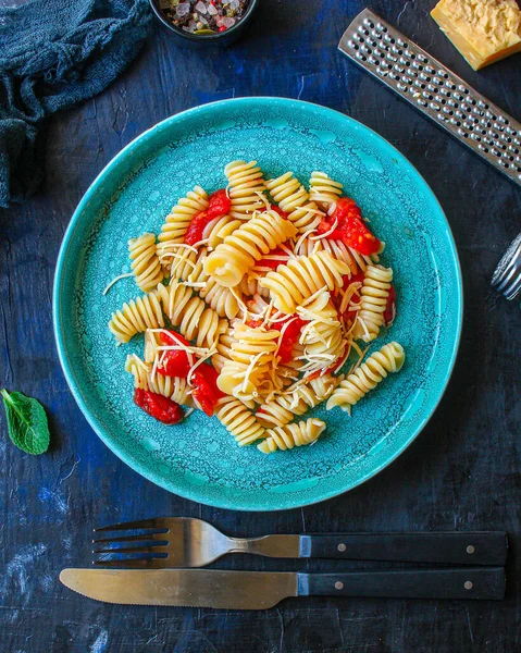 Pasta Rotini Tomato Sauce Vegetarian Dish Italian Cuisine Menu Concept — Stock Photo, Image