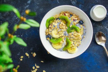 Sağlıklı gıda smoothie kasesi, yulaf ezmesi, chia tohumu ve böğürtlen (kahvaltı yemeği veya sağlıklı atıştırmalık) menü konsepti. Geçmişi. Üst Manzara. textketo ya da paleo diyeti için boşluk kopyala