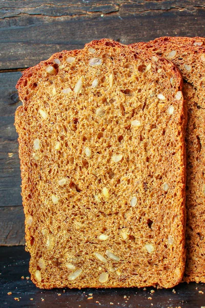 Pan Centeno Negro Con Aditivos Útiles Semillas Rebanadas Panadería Fondo —  Fotos de Stock