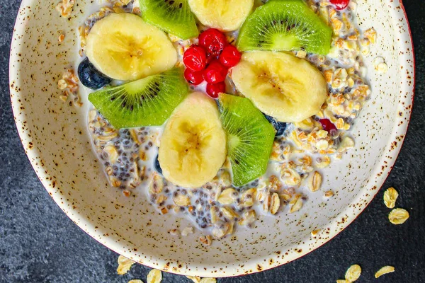 Sağlıklı Gıda Smoothie Kasesi Yulaf Ezmesi Chia Tohumu Böğürtlen Kahvaltı — Stok fotoğraf