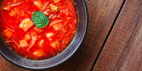 Rote Tomatensuppe Und Gemüse Und Fleisch Borschtsch Küche Menükonzept Keto — Stockfoto