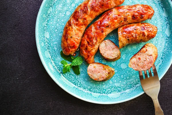 Stekt Korv Grillat Kött Eller Grill Meny Koncept Mat Bakgrund — Stockfoto