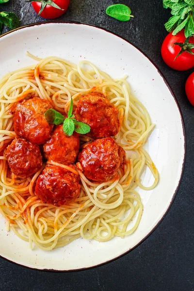 Macarrão Almôndegas Espaguete Molho Tomate Prato Principal Conceito Menu Fundo — Fotografia de Stock