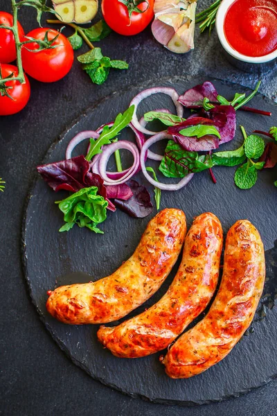 Stekt Korv Grillat Kött Eller Grill Meny Koncept Mat Bakgrund — Stockfoto