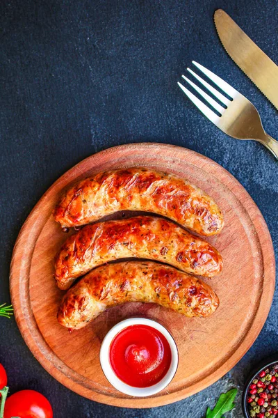 Stekt Korv Grillat Kött Eller Grill Meny Koncept Mat Bakgrund — Stockfoto