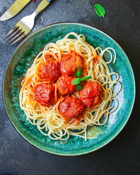 Macarrão Almôndegas Espaguete Molho Tomate Prato Principal Conceito Menu Fundo — Fotografia de Stock
