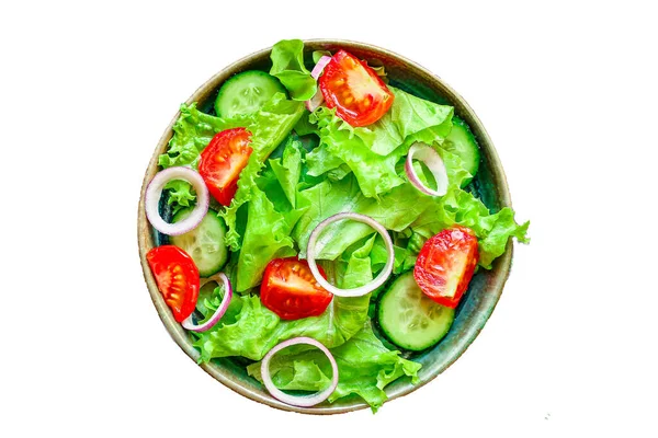 健康的沙拉 树叶混合沙拉 混合微量蔬菜 西红柿 洋葱等配料 食品背景 复制空间用于文本键控或古籍饮食 — 图库照片