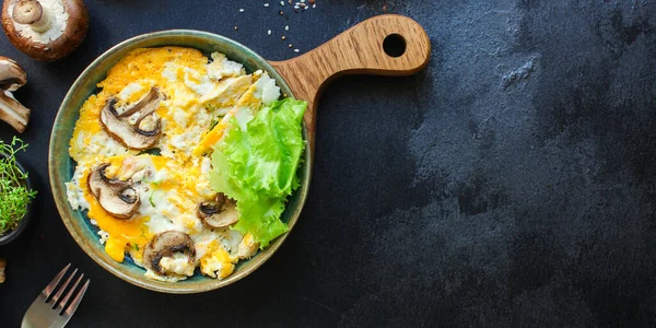 Scramble Fried Eggs Omelet Mushrooms Menu Concept Healthy Eating Food — Stock Photo, Image