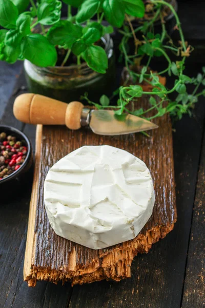 Queijo Camembert Brie Menu Conceito Comida Fundo Vista Superior Espaço — Fotografia de Stock