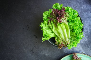 Marul salata sebze menüsü konseptini sağlıklı beslenme olarak bırakır. yemek arkaplanı üst görünüm metin sağlıklı yeme tablosu için kopyalama alanı ayarlama keto veya paleo organik ürün diyeti