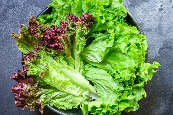 生菜叶沙拉蔬菜菜单概念健康饮食 食物背景顶视图复制空间为文本健康餐桌设置酮或古有机产品饮食 — 图库照片