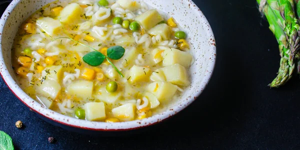 Soepgroenten Pasta Alfabet Erwten Maïs Menu Concept Gezond Eten Voedsel — Stockfoto