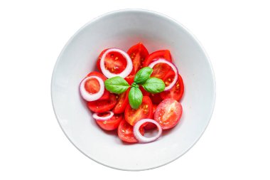 Domates ve fesleğen salatası menüsü sağlıklı beslenme konsepti. yemek arkaplanı üst görünüm metin sağlıklı yeme tablosu için fotokopi alanı ayarlama keto veya paleo diyeti organik