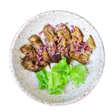 Patlıcan salatası baharatları ve domates, antipasto menüsü konsepti sağlıklı beslenme. text keto ya da paleo için yiyecek arkaplan üst görünümü kopyalama alanı