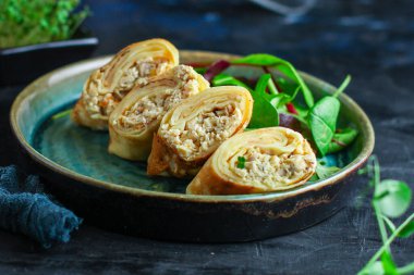 İnce krep tavuğu dolgulu börek menüsü sağlıklı beslenme kavramı. metin ayarları için yiyecek arkaplan üst görünüm kopyalama alanı