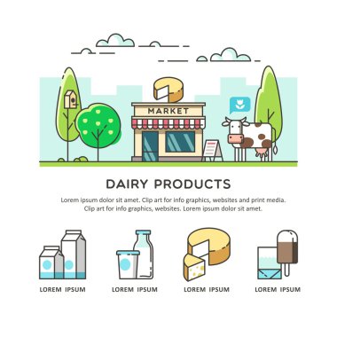 Taze doğal süt ürünleri. Açık süt mağaza. Vektör çizim