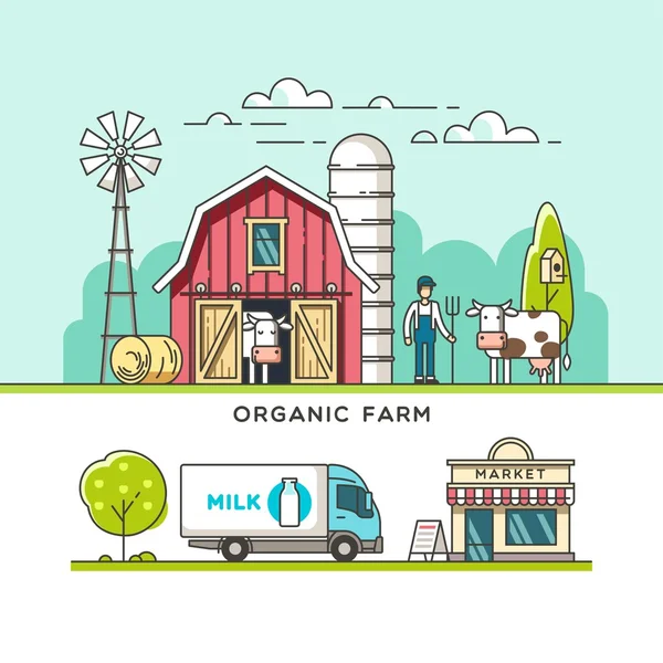 Milk Farm. Delivery dairy product. Vector illustration in linear graph