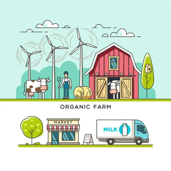 Milk Farm. Delivery dairy product. Vector illustration in linear graph