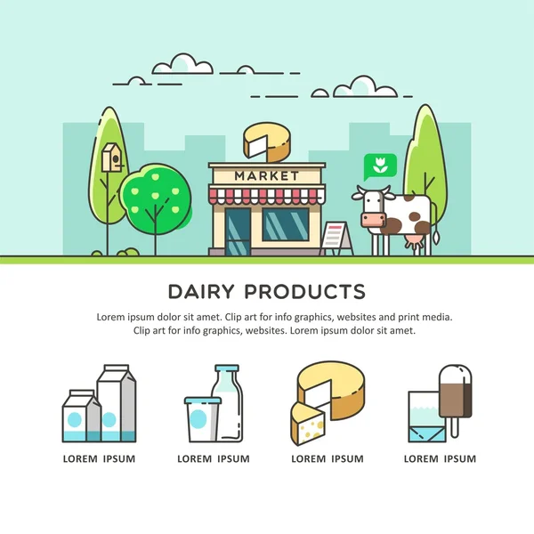 Prodotti lattiero-caseari naturali freschi. Negozio di latte all'aperto. Illustrazione vettoriale — Vettoriale Stock