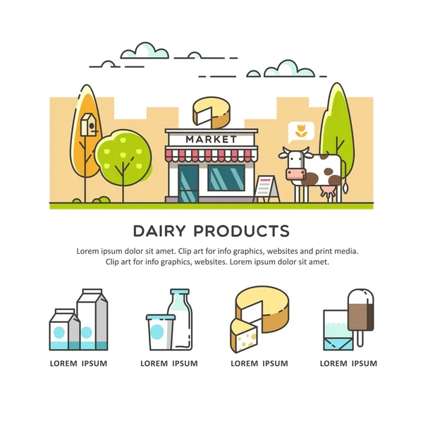 Produits laitiers naturels frais. Magasin de lait extérieur. Illustration vectorielle — Image vectorielle