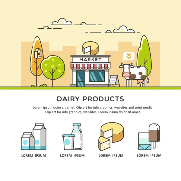 Φρέσκα φυσικά γαλακτοκομικά προϊόντα. Κατάστημα υπαίθριο γάλα. Εικονογράφηση διάνυσμα — Διανυσματικό Αρχείο