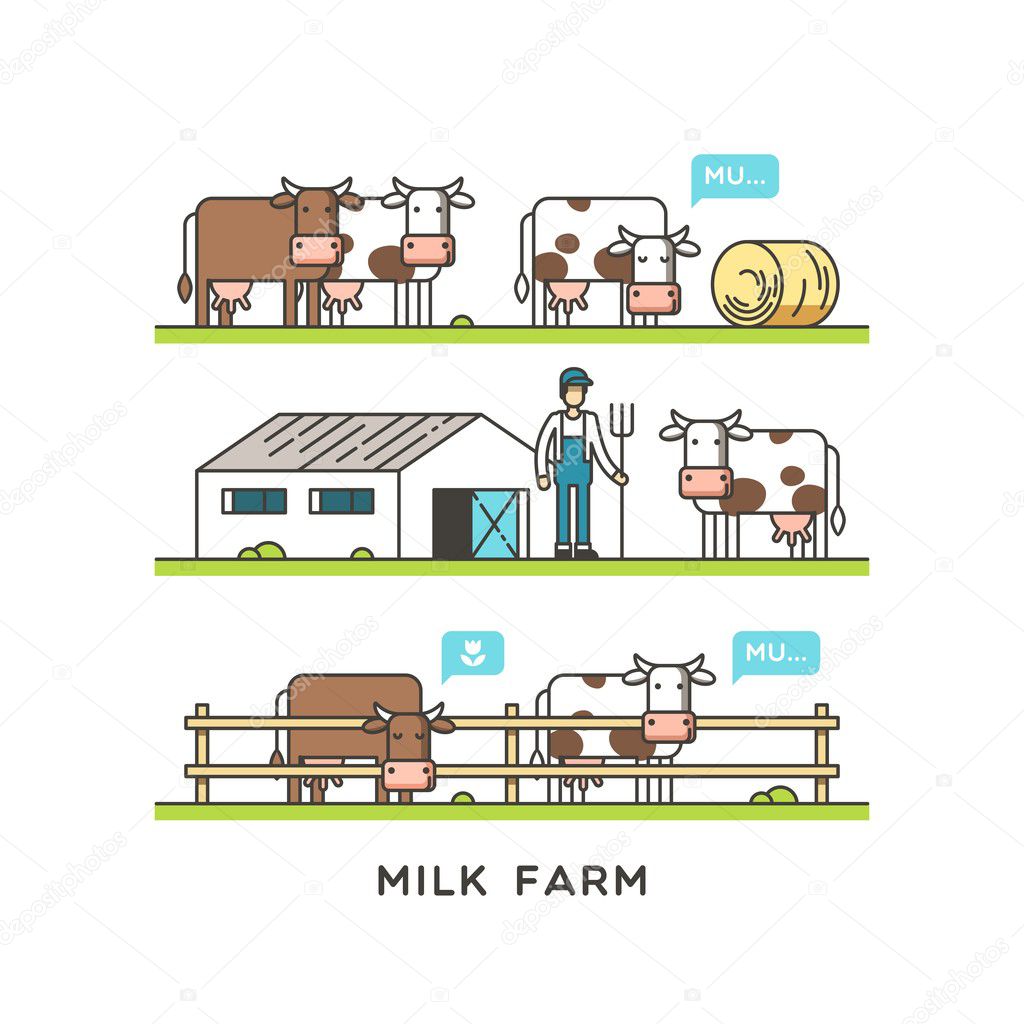 Milk Farm. Vector illustration in linear graph.