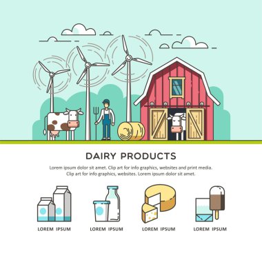 Organik tarım. Web ve grafik tasarım için süt ve süt ürünleri simgeler. Vektör çizim.