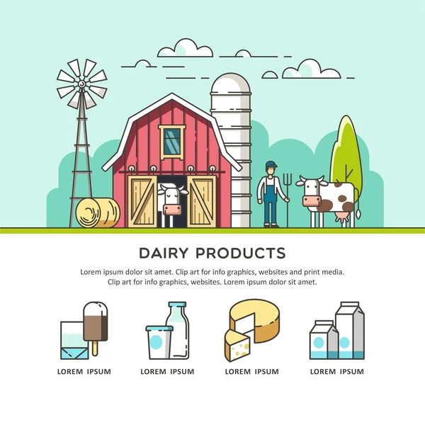 Βιολογικό αγρόκτημα. Γάλα και γαλακτοκομικά προϊόντα εικονίδια για web και graphic design. Εικονογράφηση διάνυσμα. — Διανυσματικό Αρχείο