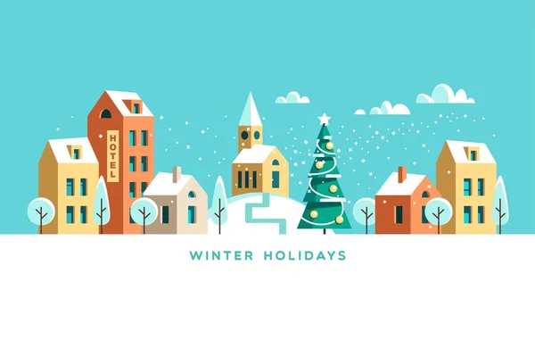 Calle nevada. Paisaje urbano de invierno. Tarjeta de Navidad Happy Holidays banner. Ilustración vectorial diseño plano . — Archivo Imágenes Vectoriales