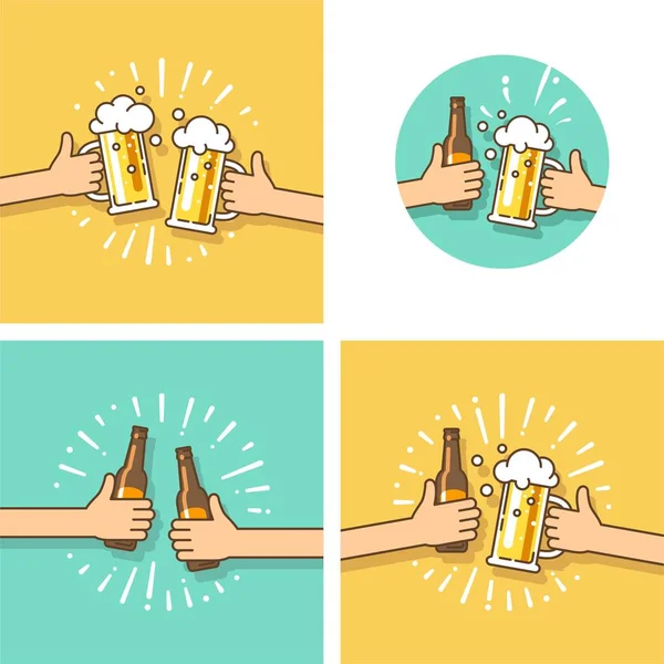 Celebración. Festival de la cerveza. Dos manos sosteniendo la botella de cerveza y el vaso de cerveza. Ilustración vectorial en estilo plano . — Archivo Imágenes Vectoriales